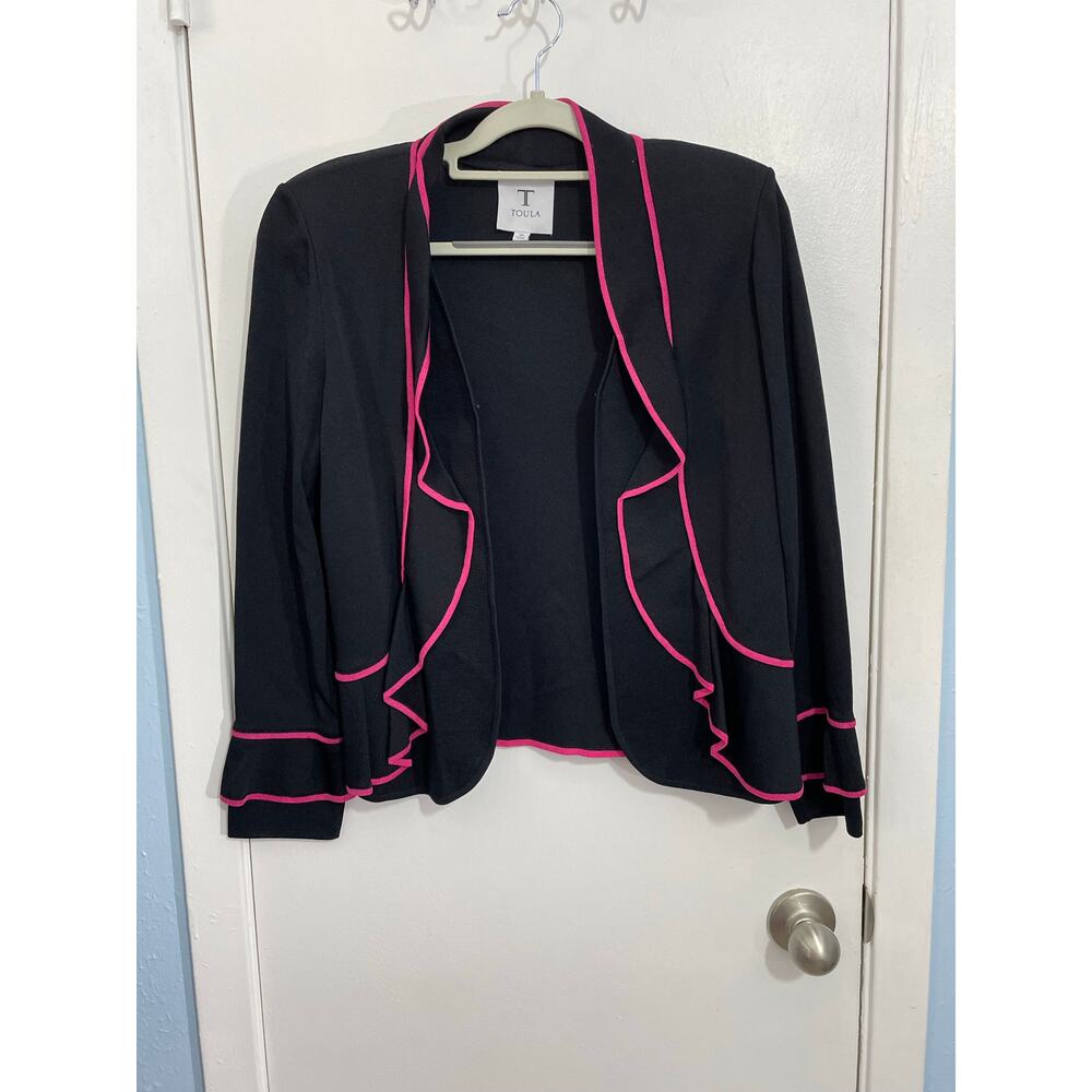 Toula Jacket Small Black Pink Ruffled Trim Clueless Preppy Twee Officecore NWT